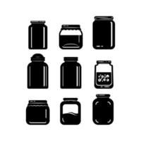 Black and white silhouettes of various jars. Set of icons of jars, containers and packaging isolated. Vector illustration