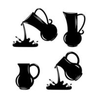 Set of vector monochrome jugs, Pouring water from a jug. Vector illustration on a white background