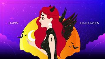 banner de feliz halloween con hermoso mal rojo vector