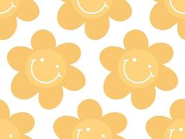 Cute simple seamless pattern floral background with doodle daisy flower head, face with smile. Positive yellow flower backdrop vector