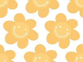 Cute simple seamless pattern floral background with doodle daisy flower head, face with smile. Positive yellow flower backdrop vector