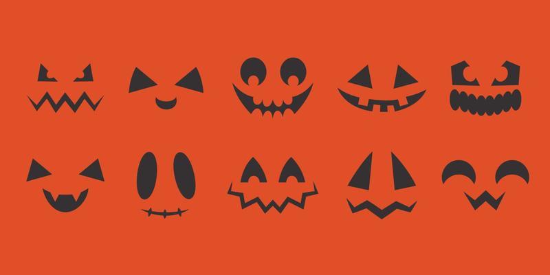 Set of scary faces in black flat style. Spooky Halloween decorations.