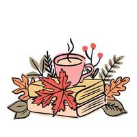 Books and mug surrounded by leaves and twigs. Autumn mood. Hand drawn vector illustration for stickers, icons, postcards.