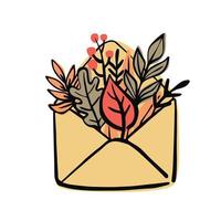 Envelope with autumn leaves and twigs inside. Hand drawn vector illustration for stickers, icons, postcards.