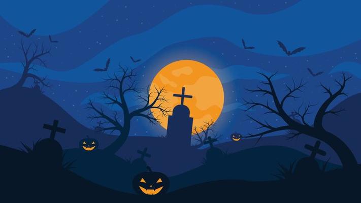 Halloween background with cemetery gravestones spooky leafless trees full moon on night sky