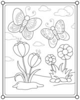 Beautiful butterflies and flowers in the garden suitable for children's coloring page vector illustration