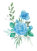 Watercolor Flowers Bouquet with Blue Roses and Green Leaves Illustration png