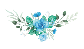 Watercolor Flowers Bouquet with Blue Roses and Green Leaves Illustration png