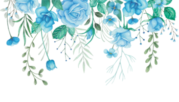 Watercolor Flowers Border Arrangement with Blue Roses and Green Leaves Illustration png