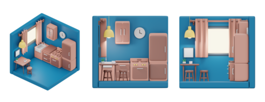 Representación 3d de isométrica y elevación de cocina mínima con muebles. dibujos animados de procesamiento 3d.