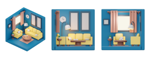 Representación 3d de isométrica y elevación de sala de estar mínima. dibujos animados de procesamiento 3d. png