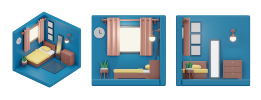 Representación 3d de isométrica y elevación de dormitorio mínimo con muebles. dibujos animados de procesamiento 3d. png