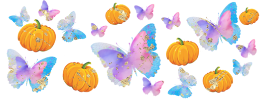 Halloween, thanksgiving, autumn pattern. Pumpkin, butterfly, flowers, gold splashes. Wedding, birthday template. png