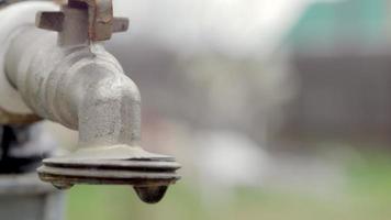 grifo de agua en el fondo de la naturaleza. abrir o cerrar un grifo para ahorrar agua indica un problema de escasez de agua. fuente rústica con luz natural. enfoque selectivo con fondo borroso. video