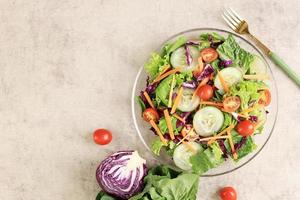 Green Vegetable Salad with Tomato, Purple Cabbage, Carrot, Cucumber, and Lettuce, Top View photo