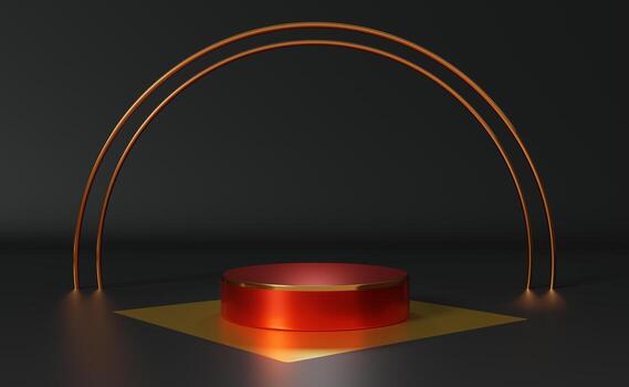 red podium empty with geometric shapes in black composition for modern stage display and minimalist mockup ,abstract showcase background ,Concept 3d illustration or 3d render photo