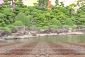 Top desk with blur bonsai trees background,wooden table photo