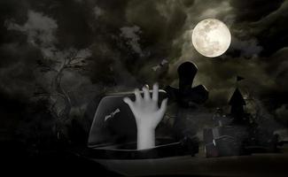 3d graveyard halloween holiday party with hand of a undead, haunted castle, full moon, flying bats, tomb, graves, fog, under the moonlight for happy halloween, horror on halloween, 3d render photo