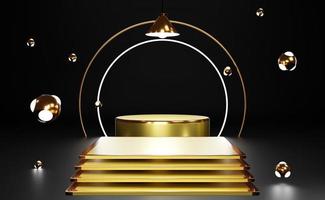 Gold podium empty and stair with geometric shapes in black composition for modern stage display and minimalist mockup ,abstract showcase background ,Concept 3d illustration or 3d render photo