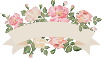 ramo de flores color de rosa acuarela con cinta banner fondo clipart png