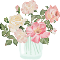 watercolor hand drawn pink wild rose bouquet in glass vase