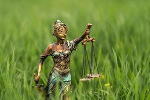 Statue of Themis on a green grass background. Symbol of justice and law, crime and punishment. photo