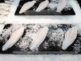 The white fish fillet on the black tray in the crushed ice for sale in the supermarket photo