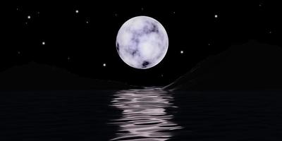 la luz de la luna súper llena con pequeñas estrellas y montañas en el oscuro océano nocturno y el reflejo en las olas del agua. la ilustración de fondo de renderizado 3d de la luna, bienvenido al día de halloween. foto