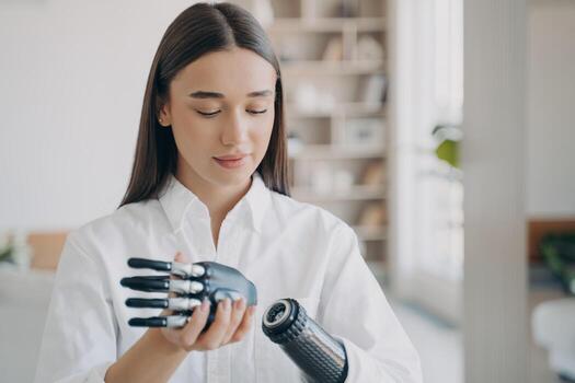 Disabled young woman is assembling bionic arm. Software and buttons, fingers and palm. photo