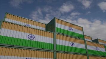 India flag containers are located at the container terminal. India export or import concept. 3d illustration photo