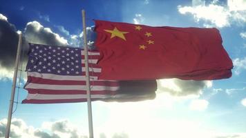 China and USA flag on flagpole. China and United States waving flag in wind. China and United States diplomatic concept. 3d illustration photo