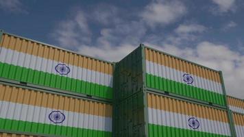 India flag containers are located at the container terminal. India export or import concept. 3d illustration photo