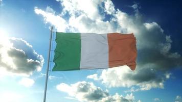 Flag of Ireland waving at wind against beautiful blue sky. 3d illustration photo