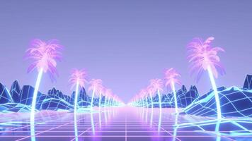 Synthwave wireframe net. Palm trees around the road. Retrowave landscape. 3d illustration photo