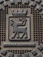 una tapa de alcantarilla que representa un reno y una corona en tromso, noruega. foto