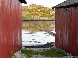 An inlet at low tide seen through two red boathouses in Lofoten, Norway. photo