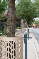 los bosques, texas, ee.uu. - 11 de julio de 2021. Parquímetros verdes y protectores de árboles decorativos en la zona comercial de Market Street. foto