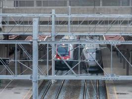 Trains stopped at the Oslo train station. photo