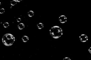 Flying soap bubbles isolated on a black background. Abstract background. photo