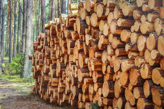 Tree logs and stumps with bark lie stacked in a forest after being cut photo