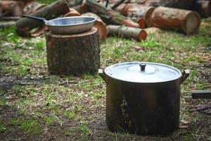 gran stewepan de cocina de pie sobre la hierba en la naturaleza con una sartén sobre un tocón en troncos de madera cortados en el fondo foto