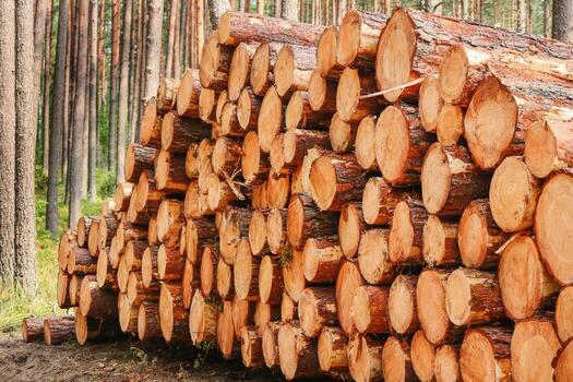 Tree logs and stumps with bark lie stacked in a forest after being cut photo