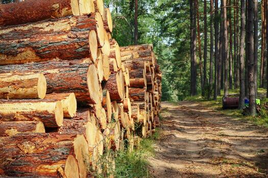 Tree logs and stumps with bark lie stacked in a forest after being cut photo