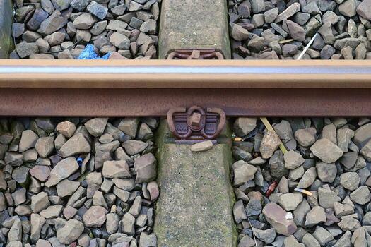 Multiple railroad tracks with junctions at a railway station in a perspective and birds view photo