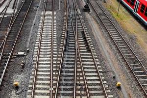Multiple railroad tracks with junctions at a railway station in a perspective and birds view photo
