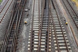 Multiple railroad tracks with junctions at a railway station in a perspective and birds view photo