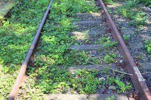 Multiple railroad tracks with junctions at a railway station in a perspective and birds view photo