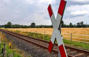 Multiple railroad tracks with junctions at a railway station in a perspective and birds view photo