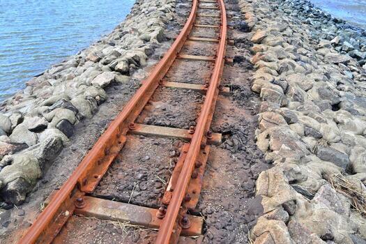 Multiple railroad tracks with junctions at a railway station in a perspective and birds view photo
