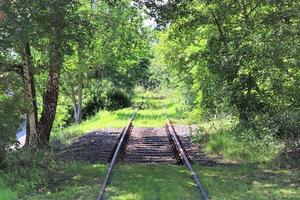 Multiple railroad tracks with junctions at a railway station in a perspective and birds view photo